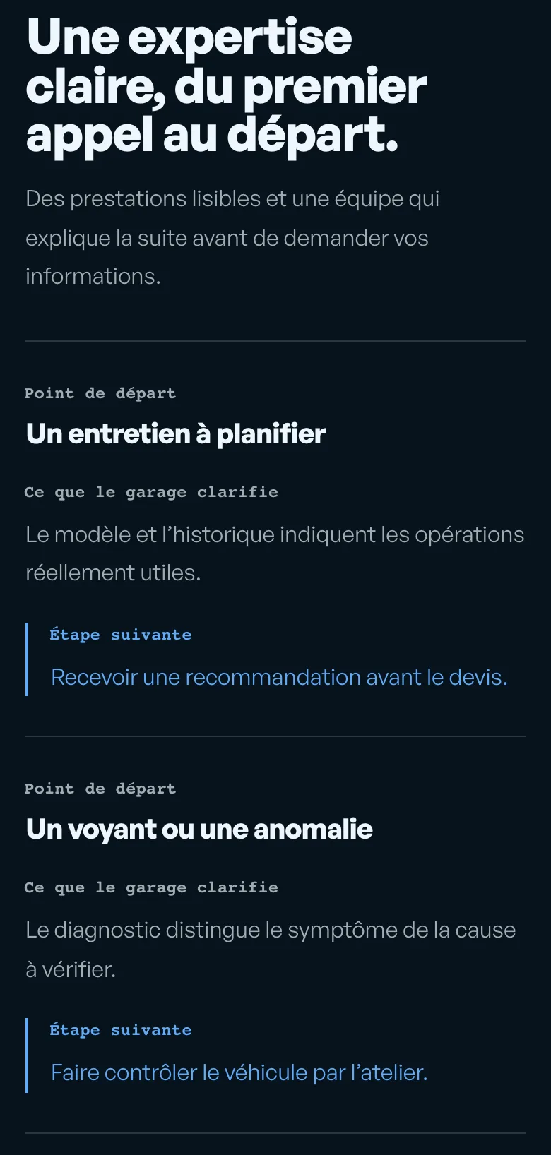Garage Sébastien : entretien à planifier et voyant à vérifier, avec la prochaine étape expliquée pour chaque situation